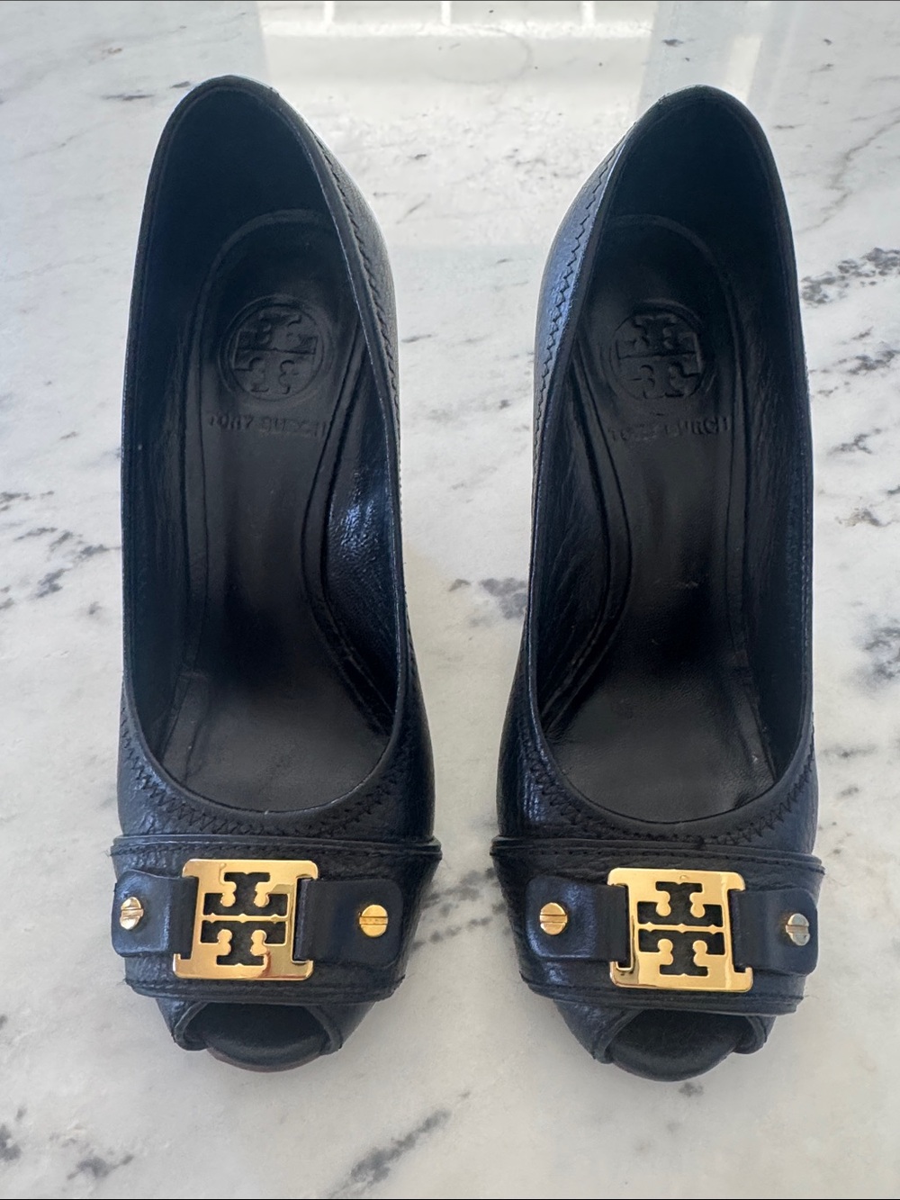 Tory Burch Black Leather Peep-Toe Pumps with Gold Logo Plaque